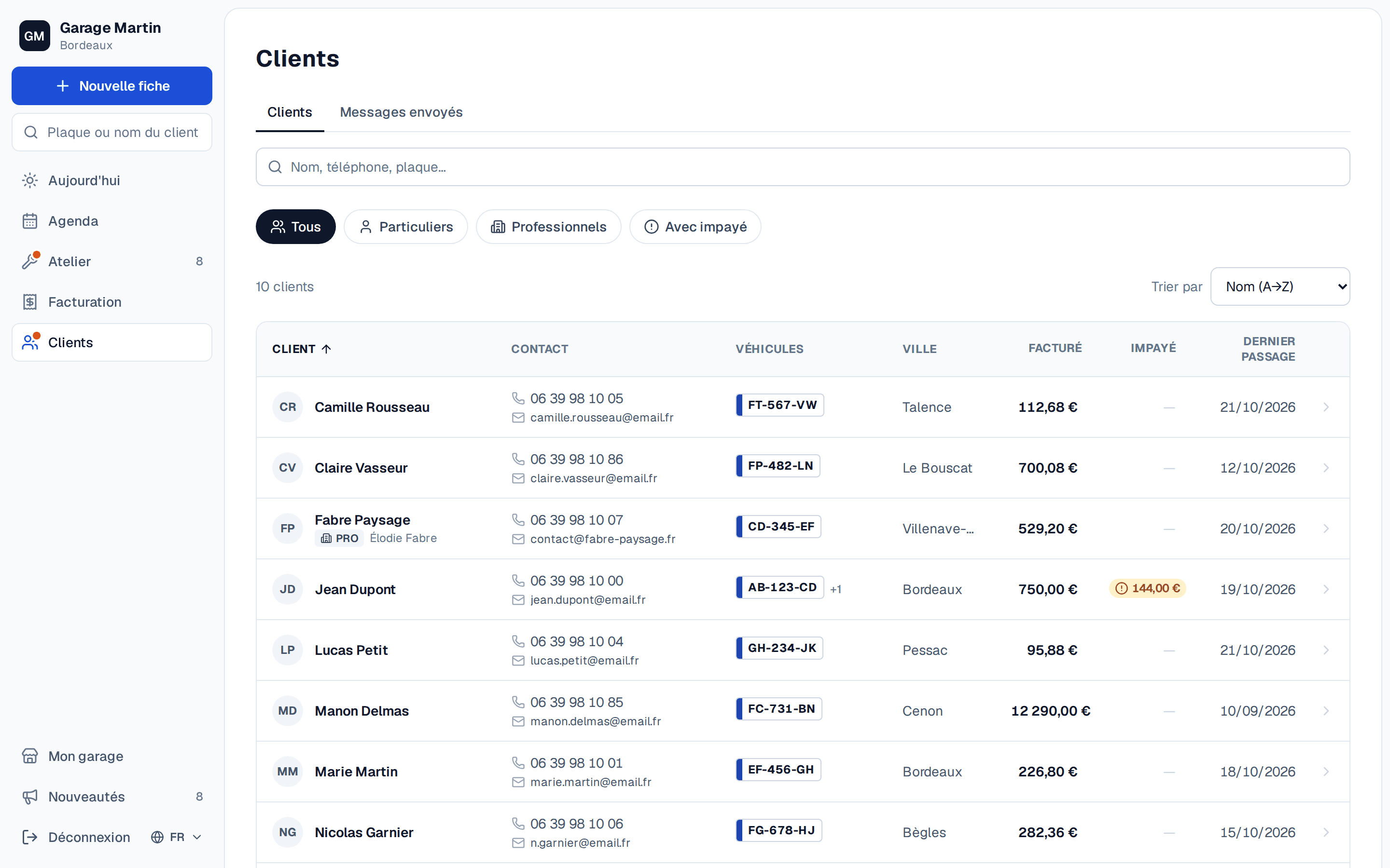 Le tableau des clients avec leurs véhicules, montants et impayés
