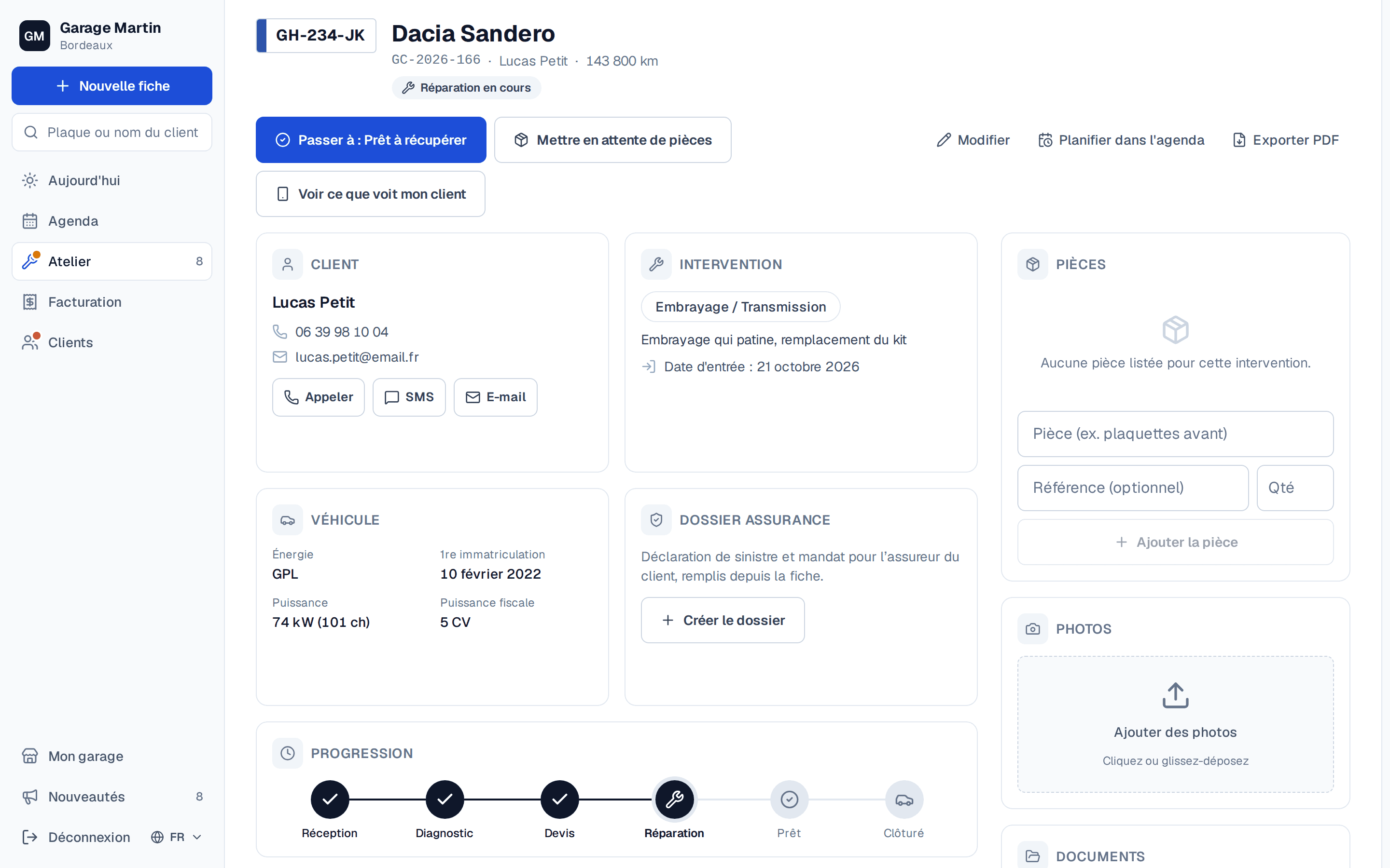 La fiche de la Dacia Sandero GH-234-JK, réparation en cours