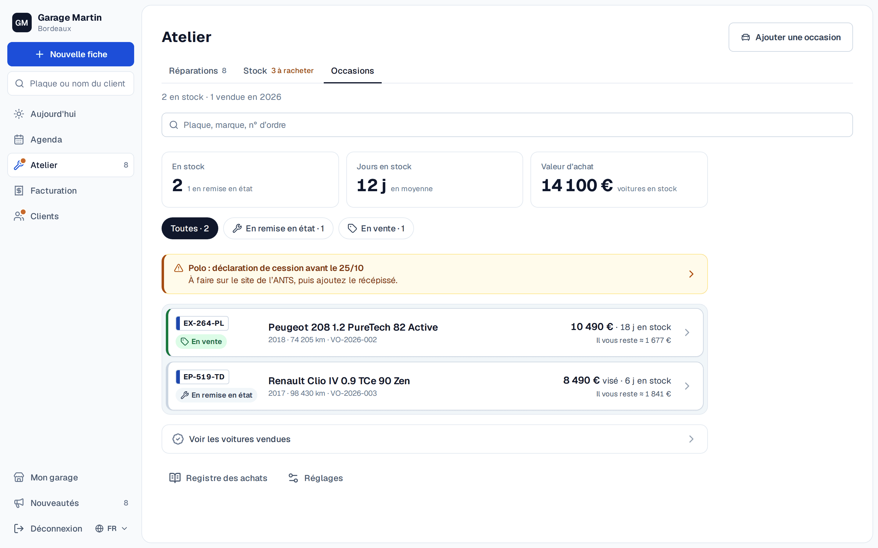 Les véhicules d’occasion en stock, avec prix de vente et marge