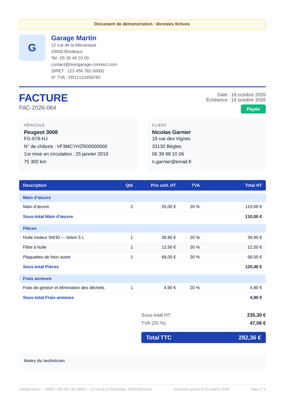 La même facture en PDF, à l’en-tête du garage, telle que la reçoit le client