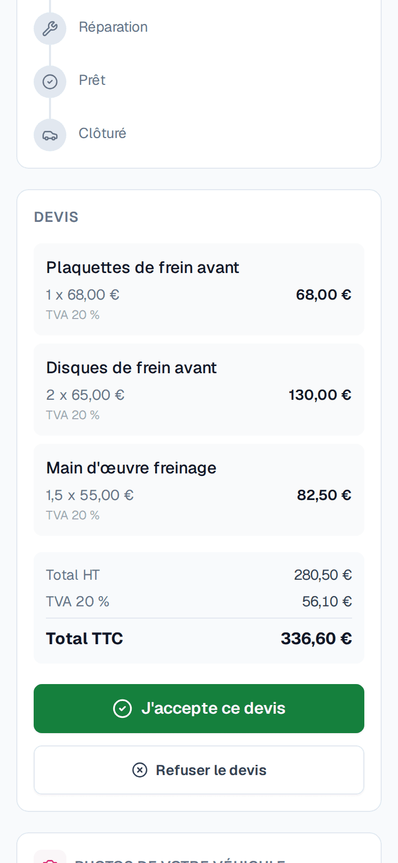Devis Garage Connect ouvert par le client sur son téléphone : lignes, TVA, total et bouton « J'accepte ce devis »