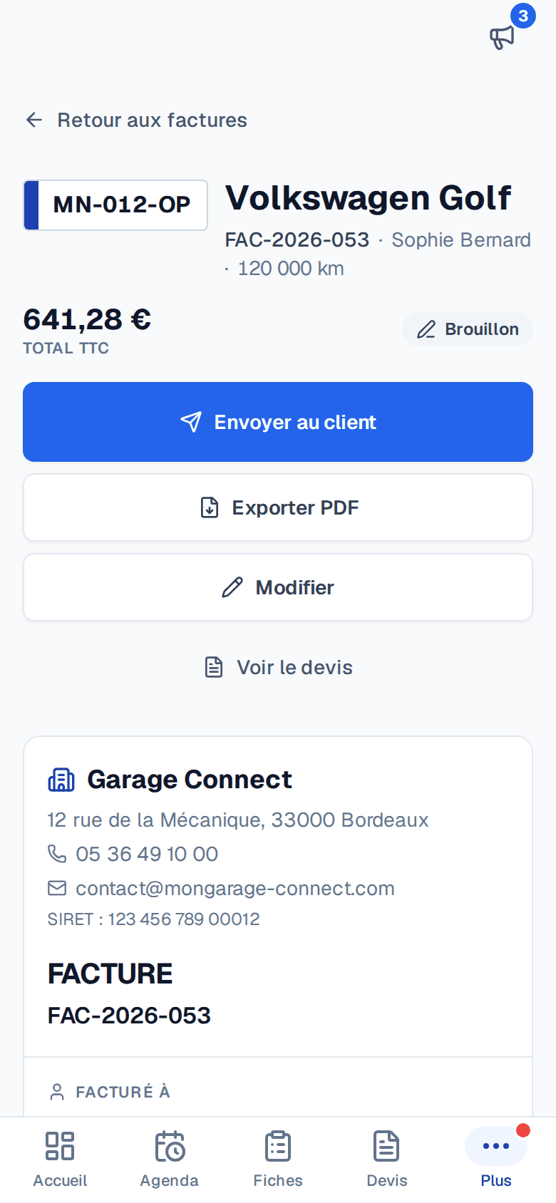 Facture en brouillon dans Garage Connect sur téléphone : total TTC, statut et bouton « Envoyer au client »