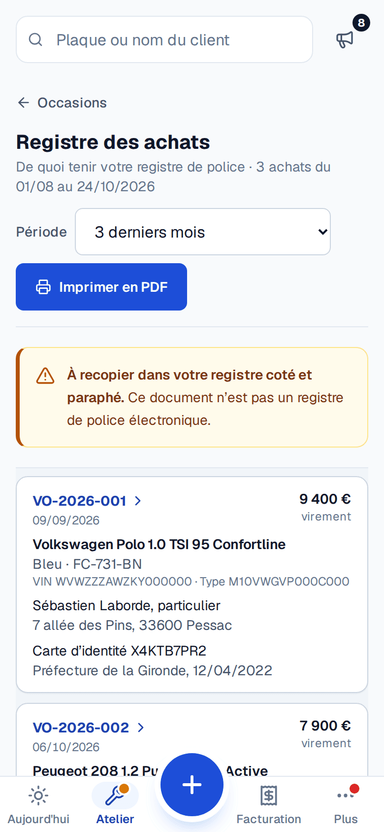 Registre des achats de Garage Martin sur téléphone : numéro d'ordre, prix, véhicule, vendeur et pièce d'identité de chaque achat