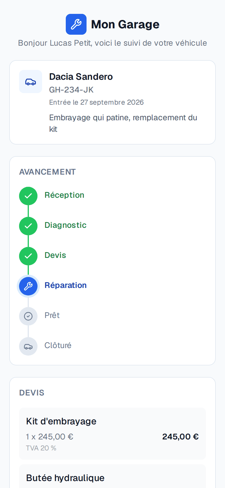 Page de suivi en ligne d'un véhicule chez le garagiste, vue par le client sur son téléphone