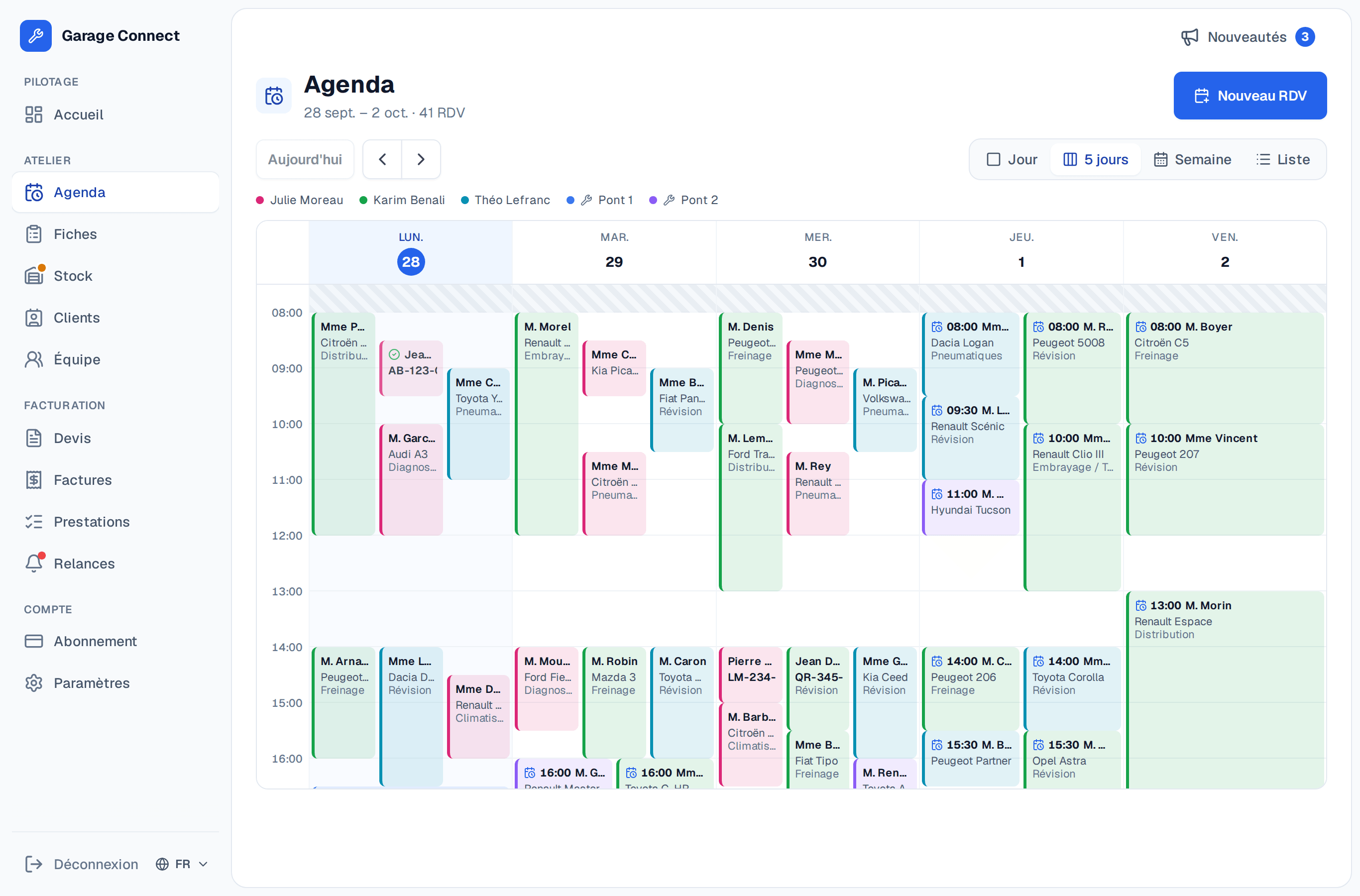 Agenda atelier du logiciel de gestion de garage Garage Connect : les rendez-vous de la semaine, jour par jour, à la couleur de chaque mécanicien