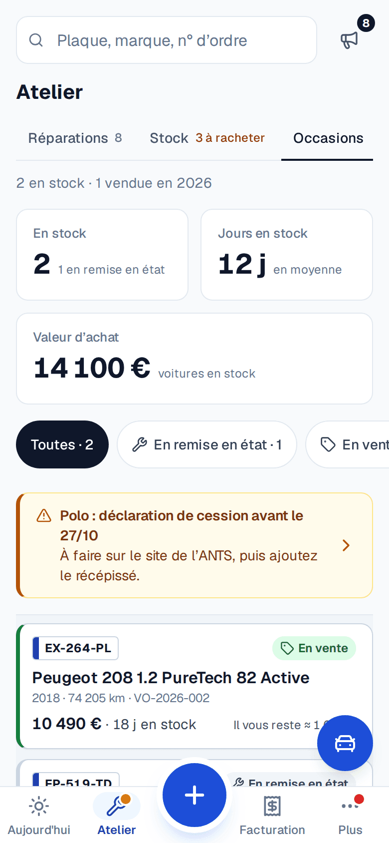 Parc d'occasions sur téléphone : voitures en stock, jours en stock, valeur d'achat, échéance de la déclaration de cession